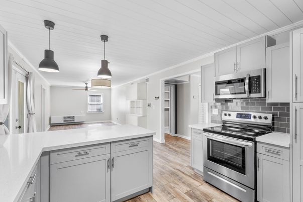 Interior, Kitchen, Pendant Lights, Stainless Steel Appliances, Wood Texture Flooring