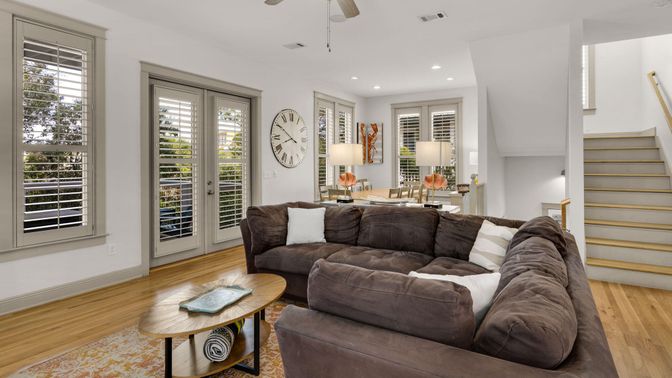 Interior, Living room, Recessed Lighting, Wood Texture Flooring