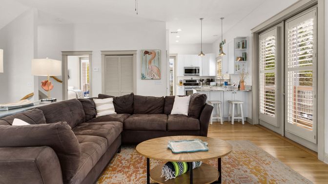 Interior, Kitchen, Living room, Pendant Lights, Recessed Lighting, Stainless Steel Appliances, Wood Texture Flooring