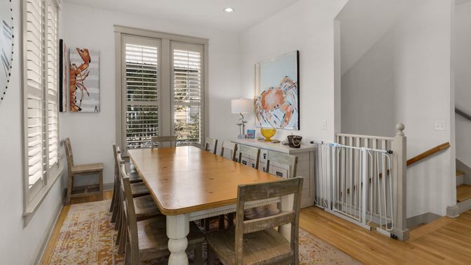 Dining room, Interior, Recessed Lighting, Wood Texture Flooring