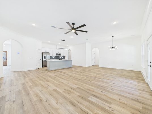 Chandelier, Empty room, Interior, Kitchen, Recessed Lighting, Stainless Steel Appliances, Wood Texture Flooring