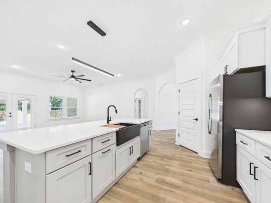 Interior, Kitchen, Pendant Lights, Recessed Lighting, Wood Texture Flooring