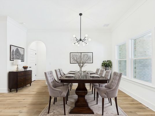 Dining room, Interior, Pendant Lights, Wood Texture Flooring
