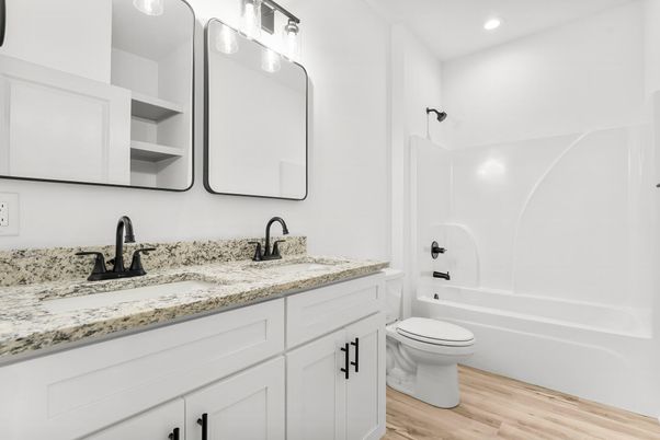 Bathroom, Dual Sink Vanities, Interior, Recessed Lighting, Wood Texture Flooring