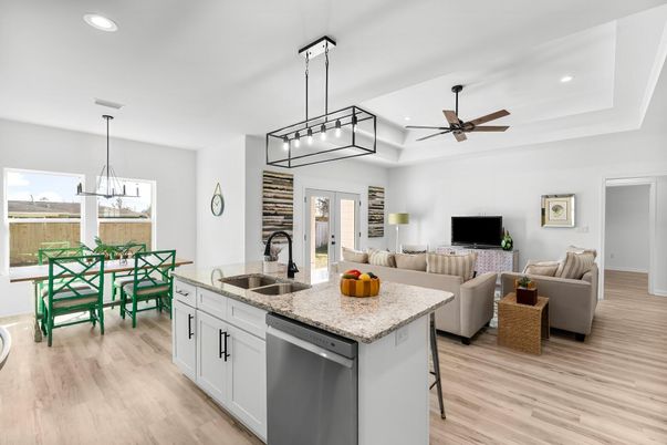Dining room, Interior, Kitchen, Living room, Pendant Lights, Recessed Lighting, Wood Texture Flooring
