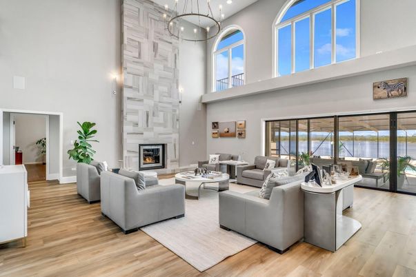 Fireplace, Interior, Living room, Pendant Lights, Wood Texture Flooring