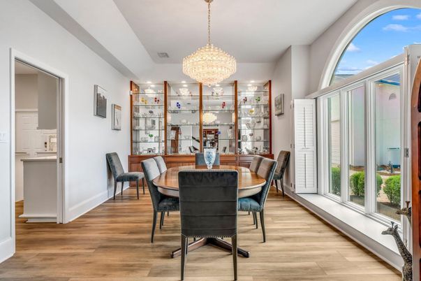 Chandelier, Dining room, Interior, Wood Texture Flooring