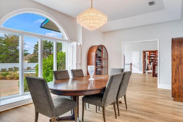 Chandelier, Dining room, Interior, Wood Texture Flooring