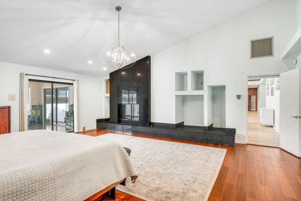 Bedroom, Interior, Pendant Lights, Recessed Lighting, Wood Texture Flooring