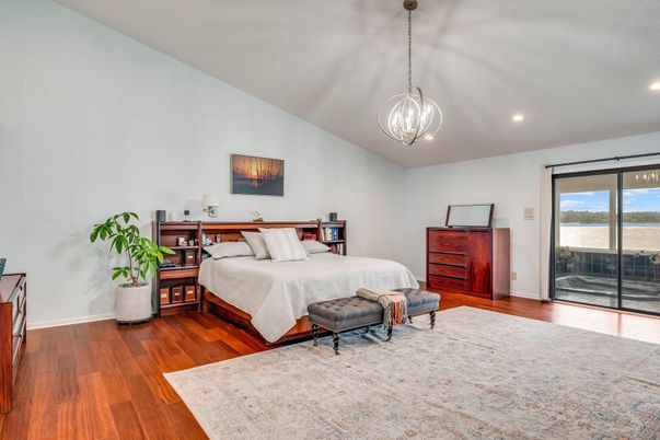 Bedroom, Interior, Pendant Lights, Recessed Lighting, Wood Texture Flooring