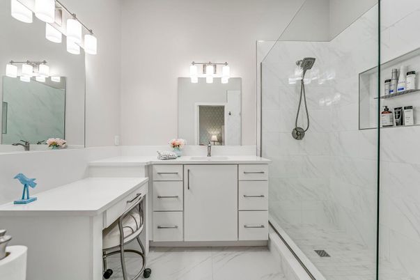 Bathroom, Dual Sink Vanities, Glass Shower, Interior, Marble, Marble Walls
