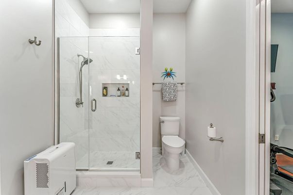 Bathroom, Glass Shower, Interior, Marble, Marble Walls, Recessed Lighting