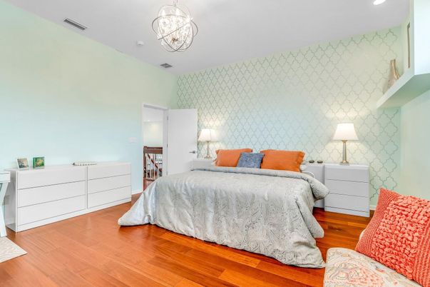 Bedroom, Interior, Pendant Lights, Recessed Lighting, Wood Texture Flooring