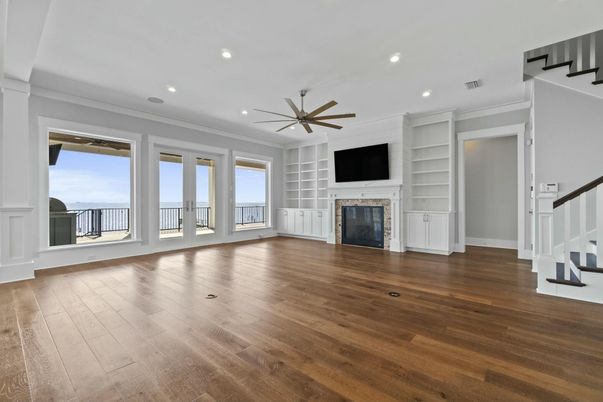 Empty room, Fireplace, Interior, Recessed Lighting, Wood Texture Flooring