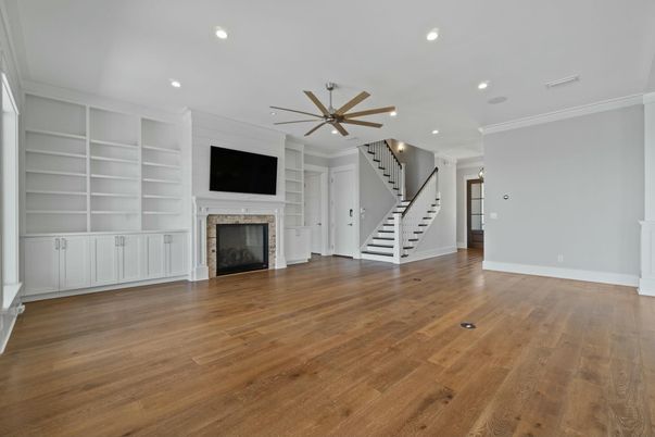 Empty room, Fireplace, Interior, Recessed Lighting, Wood Texture Flooring