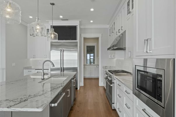 Interior, Kitchen, Pendant Lights, Recessed Lighting, Stainless Steel Appliances, Wood Texture Flooring