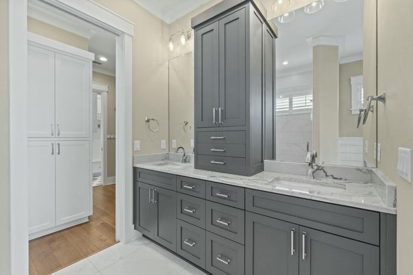 Bathroom, Dual Sink Vanities, Interior, Recessed Lighting, Wood Texture Flooring