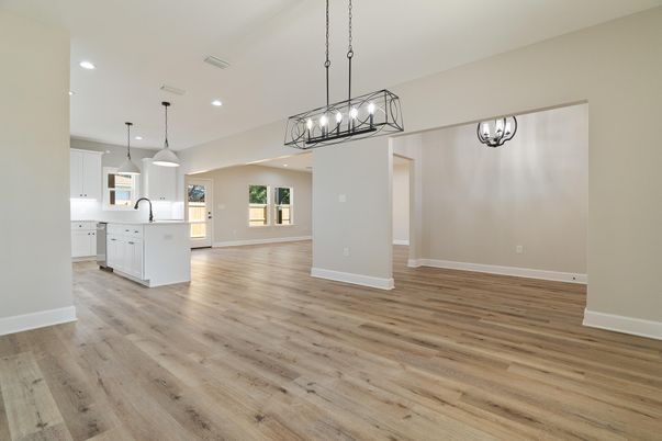 Empty room, Interior, Kitchen, Pendant Lights, Recessed Lighting, Wood Texture Flooring