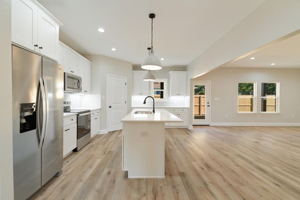 Interior, Kitchen, Pendant Lights, Recessed Lighting, Stainless Steel Appliances, Wood Texture Flooring