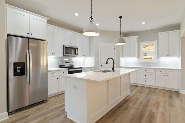 Interior, Kitchen, Pendant Lights, Recessed Lighting, Stainless Steel Appliances, Wood Texture Flooring