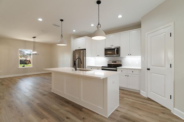 Interior, Kitchen, Pendant Lights, Recessed Lighting, Stainless Steel Appliances, Wood Texture Flooring