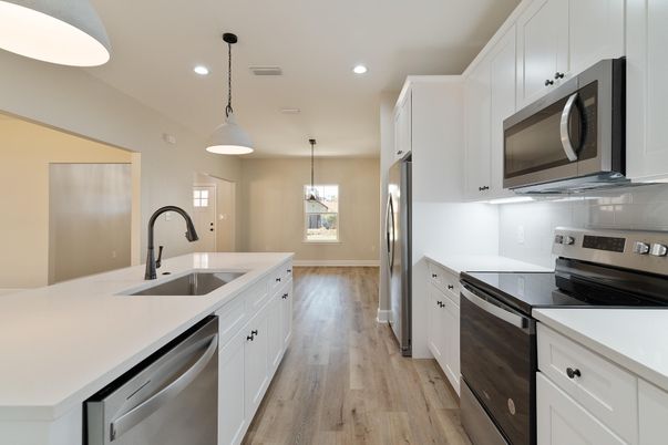 Interior, Kitchen, Pendant Lights, Recessed Lighting, Stainless Steel Appliances, Wood Texture Flooring