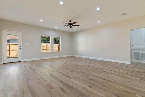 Empty room, Interior, Recessed Lighting, Wood Texture Flooring