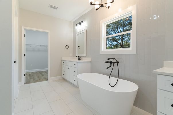 Bathroom, Dual Sink Vanities, Free Standing Baths, Interior, Wood Texture Flooring