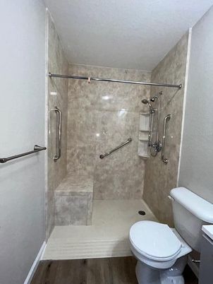 Bathroom, Glass Shower, Interior, Wood Texture Flooring
