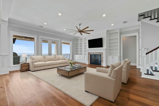 Fireplace, Interior, Living room, Recessed Lighting, Wood Texture Flooring