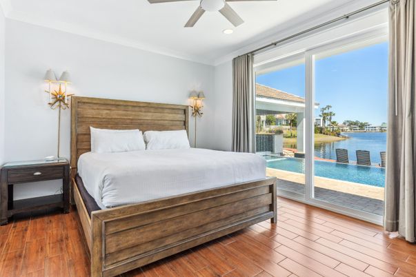 Bedroom, Interior, Recessed Lighting, Water, Wood Texture Flooring