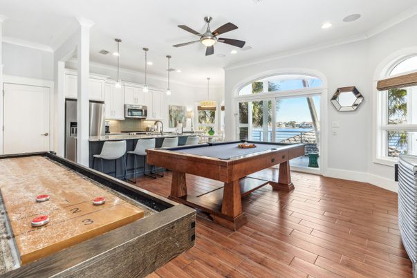 Billiard Table, Game Room, Interior, Kitchen, Pendant Lights, Recessed Lighting, Stainless Steel Appliances, Wood Texture Flooring