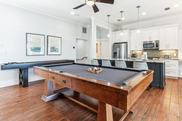 Billiard Table, Game Room, Interior, Kitchen, Pendant Lights, Recessed Lighting, Stainless Steel Appliances, Wood Texture Flooring