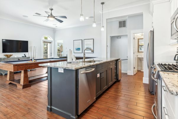 Interior, Kitchen, Pendant Lights, Wood Texture Flooring