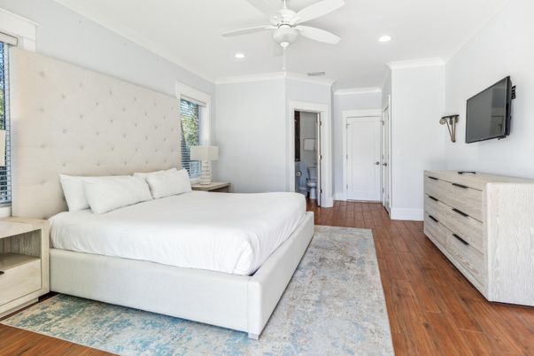 Bedroom, Interior, Recessed Lighting, Wood Texture Flooring