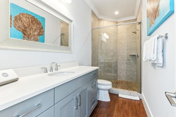 Bathroom, Glass Shower, Interior, Recessed Lighting, Wood Texture Flooring