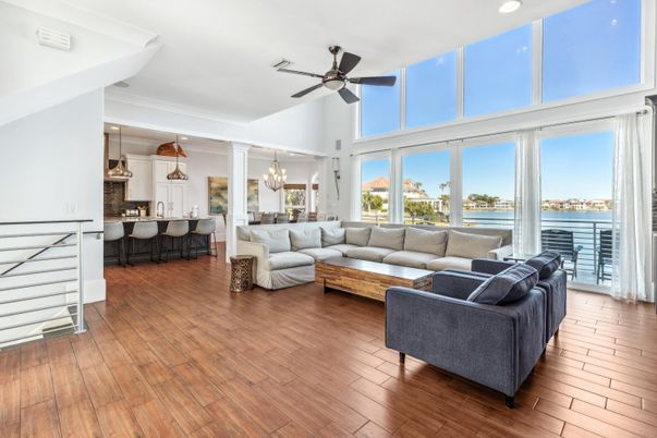 Chandelier, Dining room, Interior, Kitchen, Living room, Pendant Lights, Recessed Lighting, Water, Wood Texture Flooring