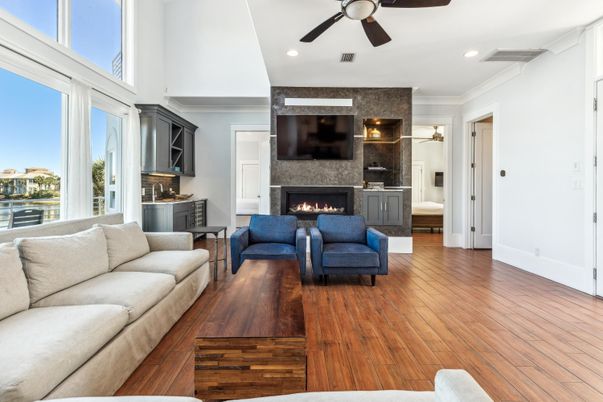 Fireplace, Interior, Living room, Recessed Lighting, Wood Texture Flooring