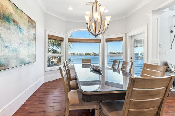 Chandelier, Dining room, Interior, Recessed Lighting, Water, Wood Texture Flooring