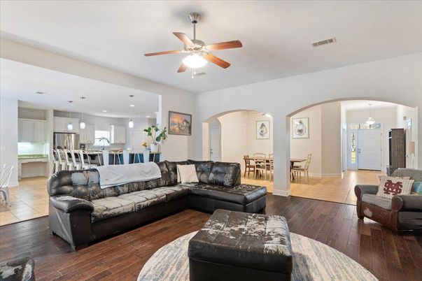 Dining room, Interior, Kitchen, Living room, Pendant Lights, Recessed Lighting, Wood Texture Flooring