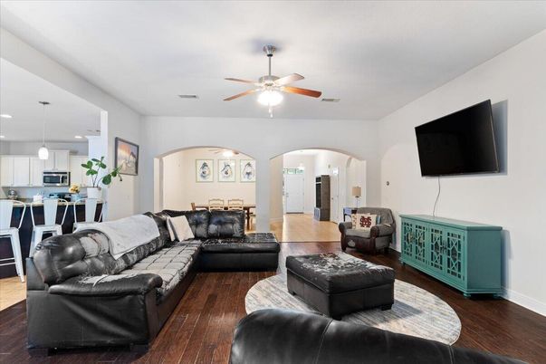 Interior, Kitchen, Living room, Pendant Lights, Recessed Lighting, Stainless Steel Appliances, Wood Texture Flooring