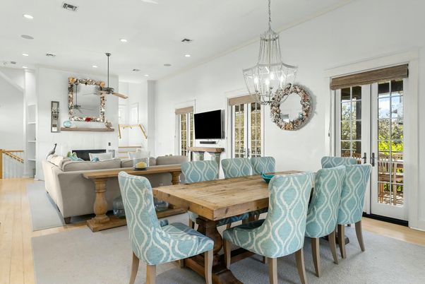 Dining room, Fireplace, Interior, Living room, Pendant Lights, Recessed Lighting, Wood Texture Flooring