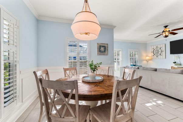 Dining room, Interior, Living room, Pendant Lights, Wood Texture Flooring