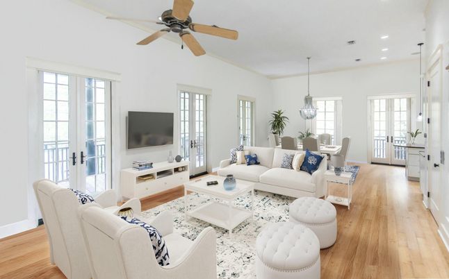 Dining room, Interior, Living room, Pendant Lights, Recessed Lighting, Wood Texture Flooring