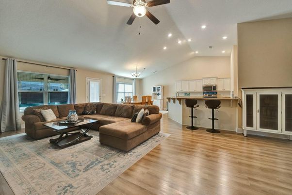 Interior, Kitchen, Living room, Recessed Lighting, Wood Texture Flooring