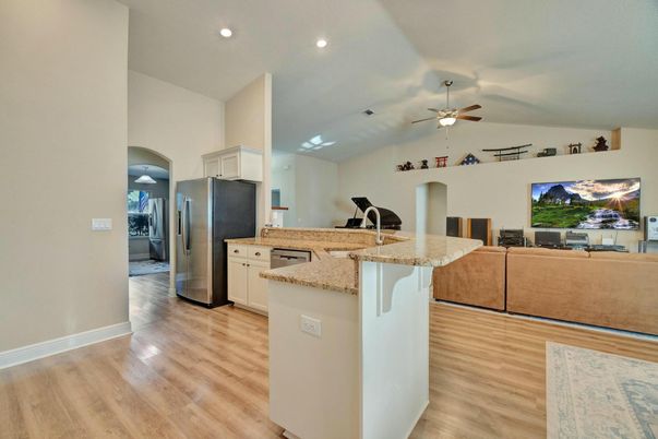 Interior, Kitchen, Living room, Recessed Lighting, Wood Texture Flooring