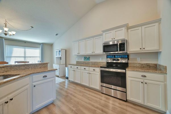 Chandelier, Interior, Kitchen, Stainless Steel Appliances, Wood Texture Flooring