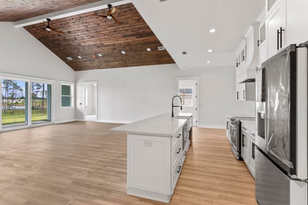 Interior, Kitchen, Recessed Lighting, Wooden Ceilings, Wood Texture Flooring