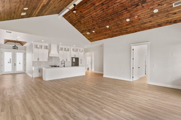 Empty room, Interior, Kitchen, Recessed Lighting, Wooden Ceilings, Wood Texture Flooring