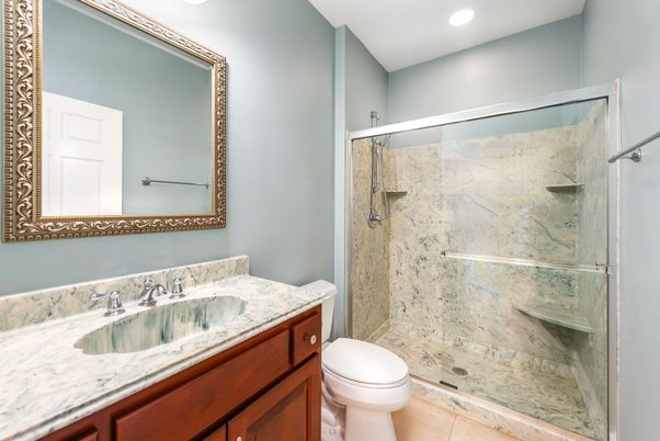 Bathroom, Glass Shower, Interior, Marble Walls, Recessed Lighting